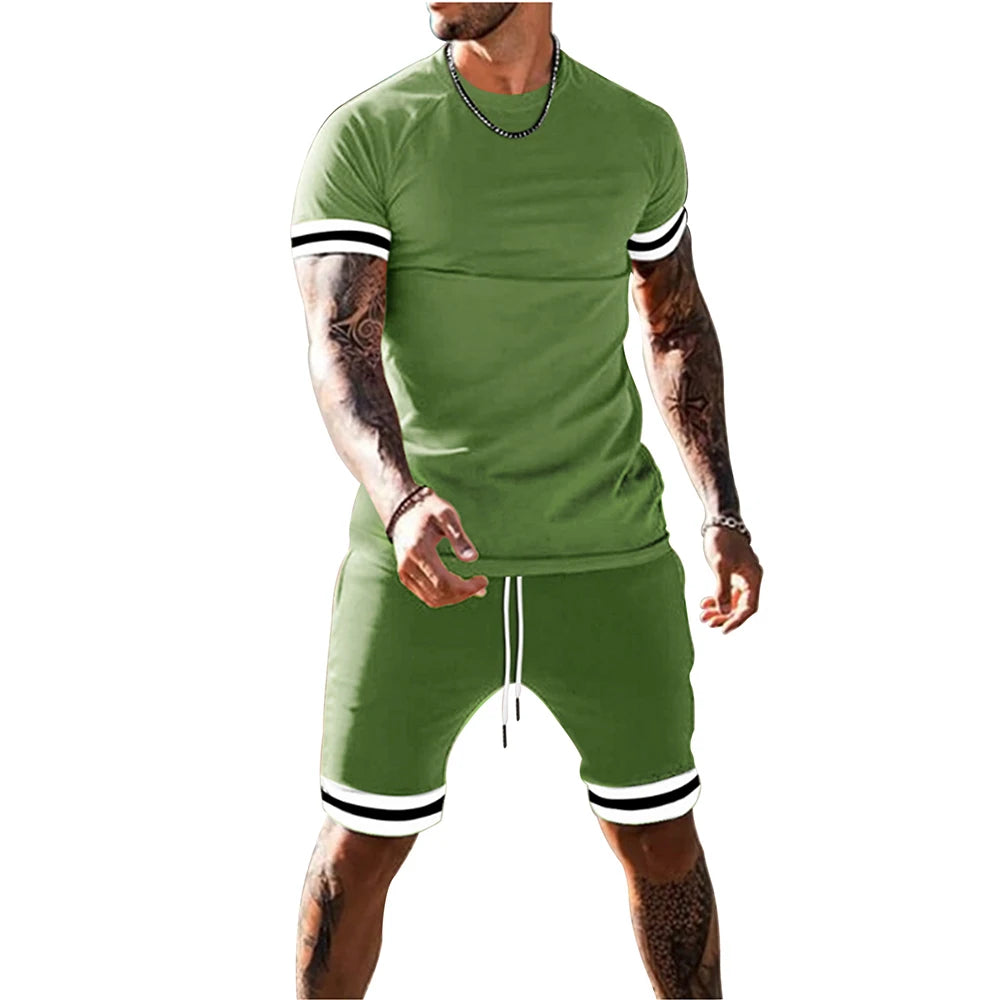 Free Shipping to the USA Plus Size Tracksuit Fashion Short Sleeve Top and Sweatpants Casual Suit Set Biker Shorts Men's Sets