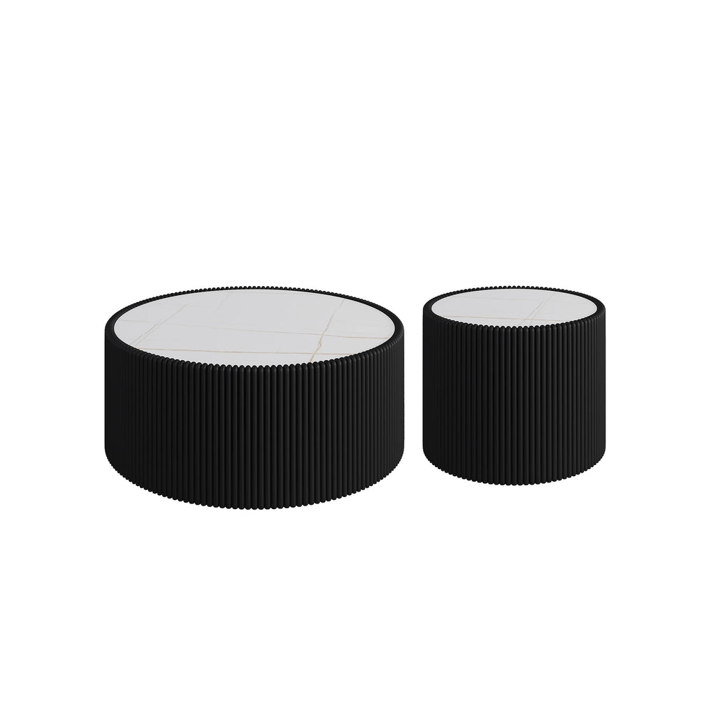 Set of 2 Wooden Coffee Tables Light Marble Top Cylinder Shape Leather Sofa Table Tea Table Easy to Clean Living Room Furniture