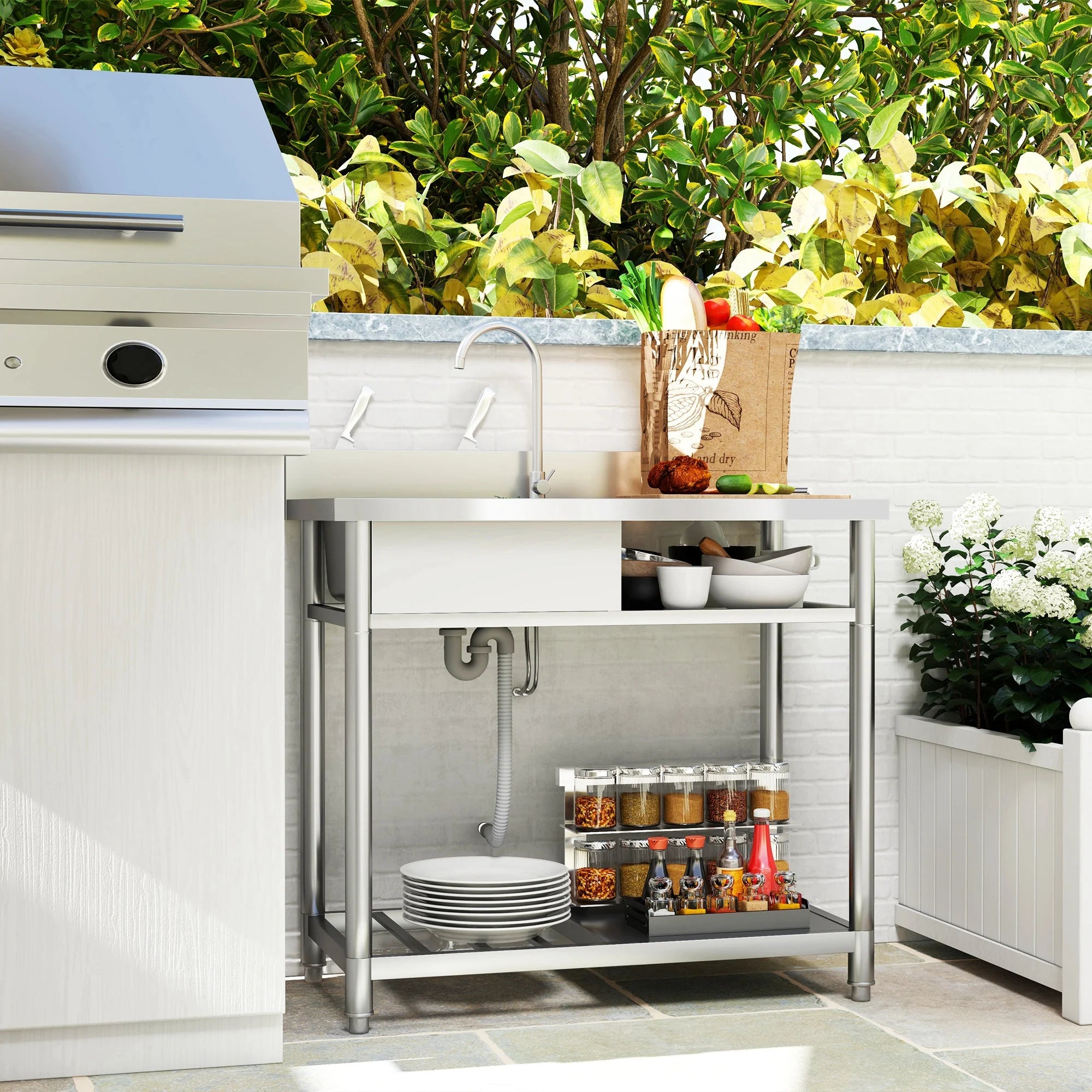 Free Shipping US Modern Stainless Steel Single Bowl Kitchen Sink for Commercial Kitchen Restaurant Hot Cold Water Pipe Sink