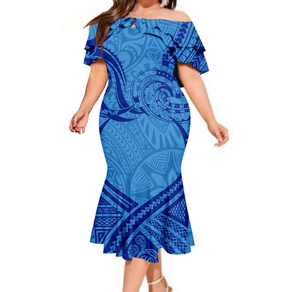 Top Quality Wholesale Custom Polynesian Elei Tribal Design Midi Dresses Tapa Print Mermaid Double Shawl Dress Oversize Vestidos
