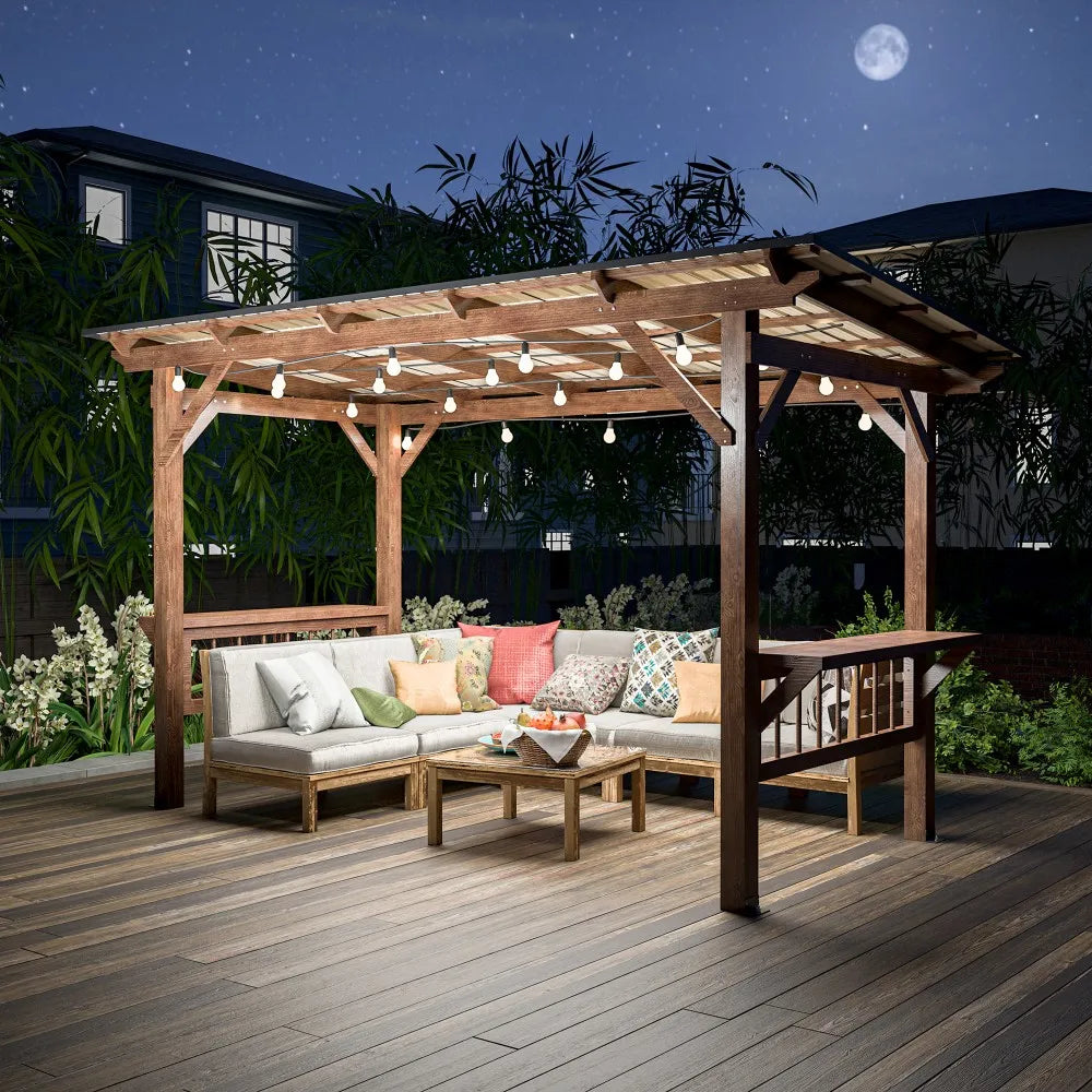 13' X 6.5' Modern Wooden Pergola Grill Gazebo Metal Roof LED Bulbs Bar Counters Outdoor BBQ Pavilion Patio Outdoor Furniture