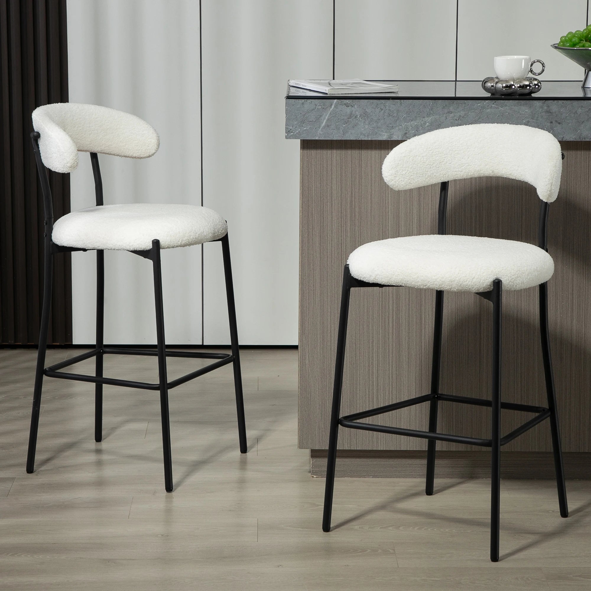 Modern Adjustable Height Bar Stools with Teddy Fabric Cover Black Powder Coating Base and Footrest for Dining
