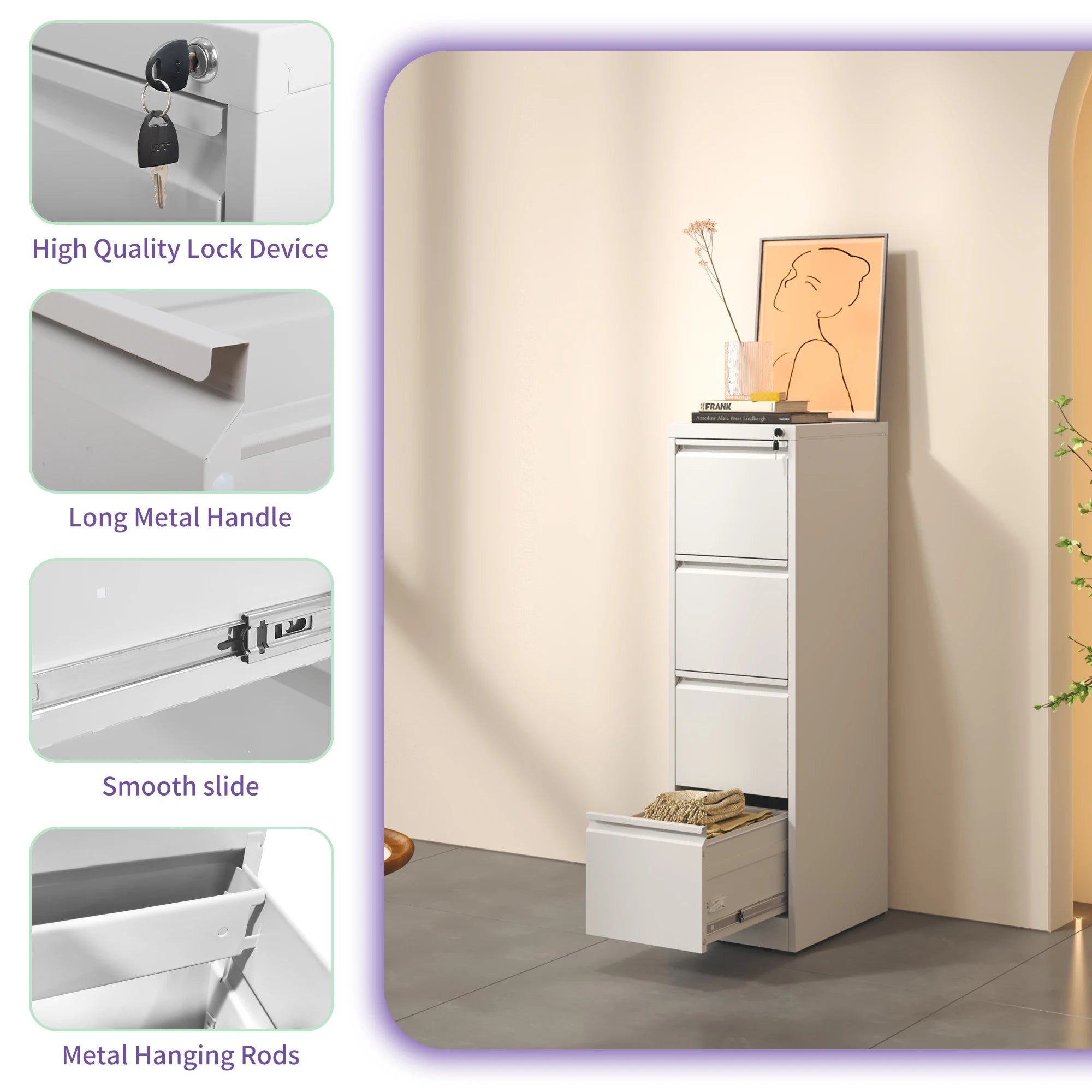 4-Drawer Metal Vertical File Cabinet Free Shipping Modern A4 Legal/Letter Size Lockable Movable for Office Home Hotels Schools