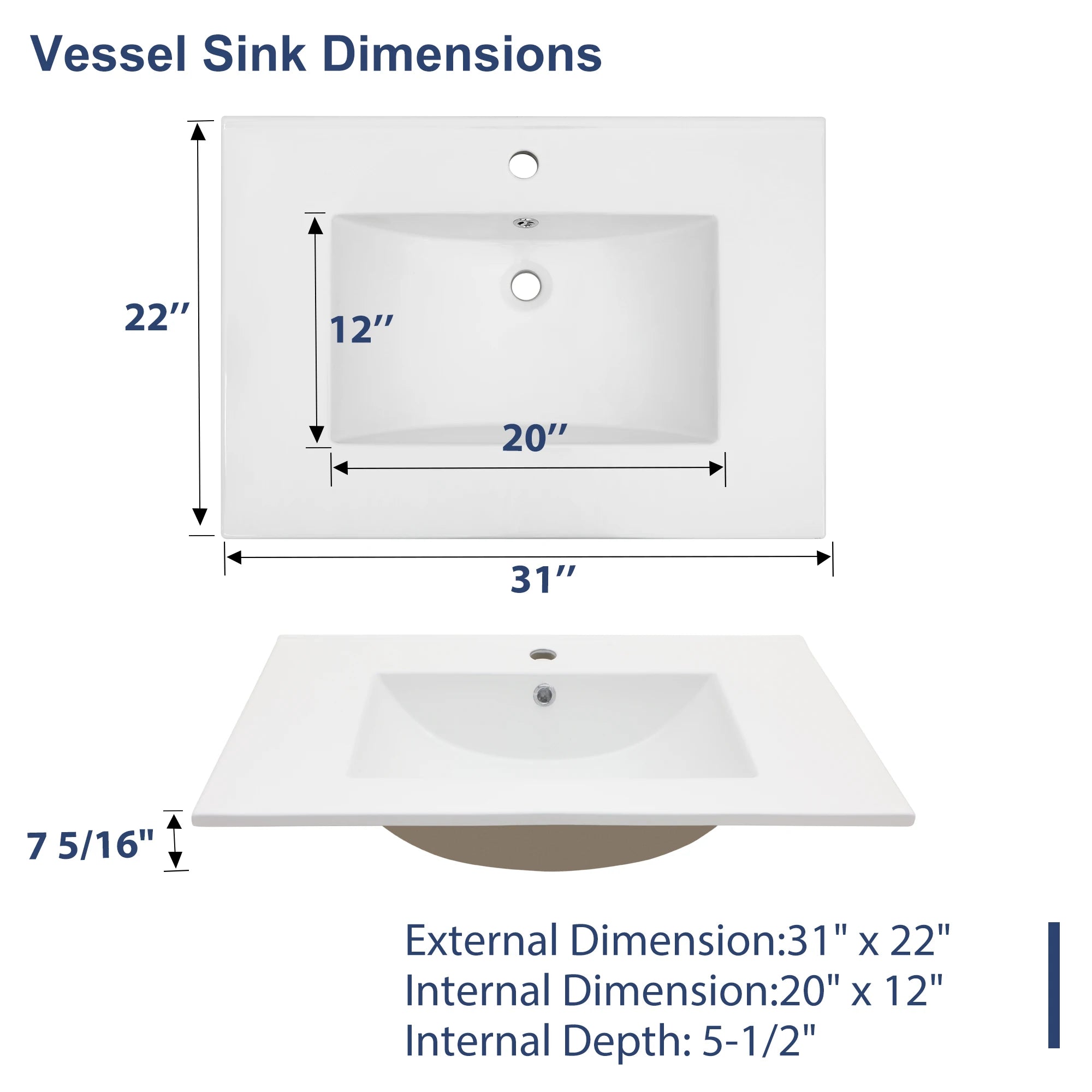 US Free Shipping  Bathroom Vanity Sink Top Ceramic Vanity Sink Top with Overflow, Drop in Bathroom Vessel Sink