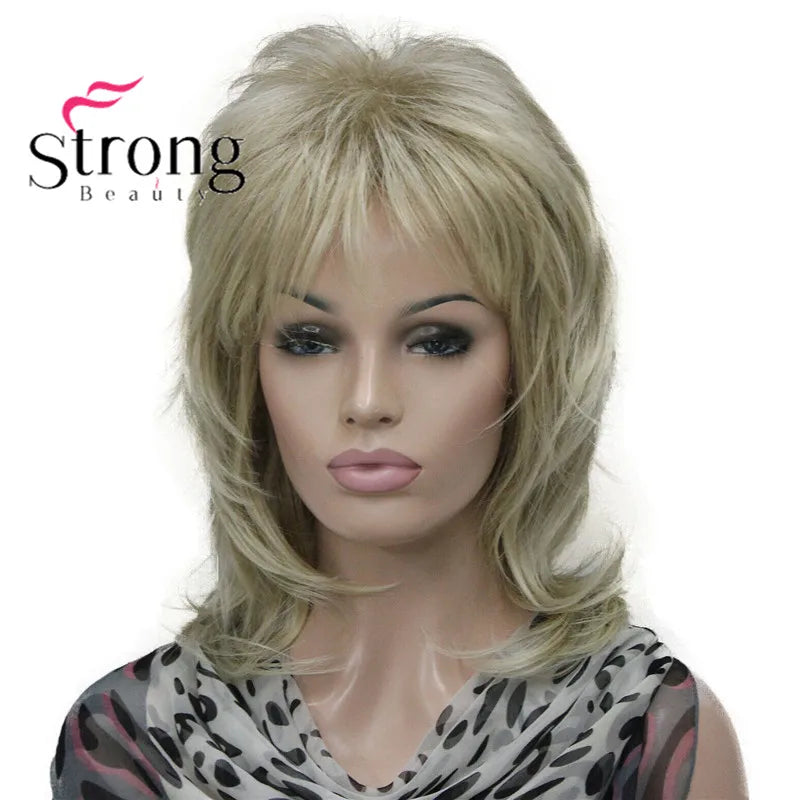Lady Women Blonde With Dark Root Medium Length Cascaded Layers Synthetic Hair Full Wig for women