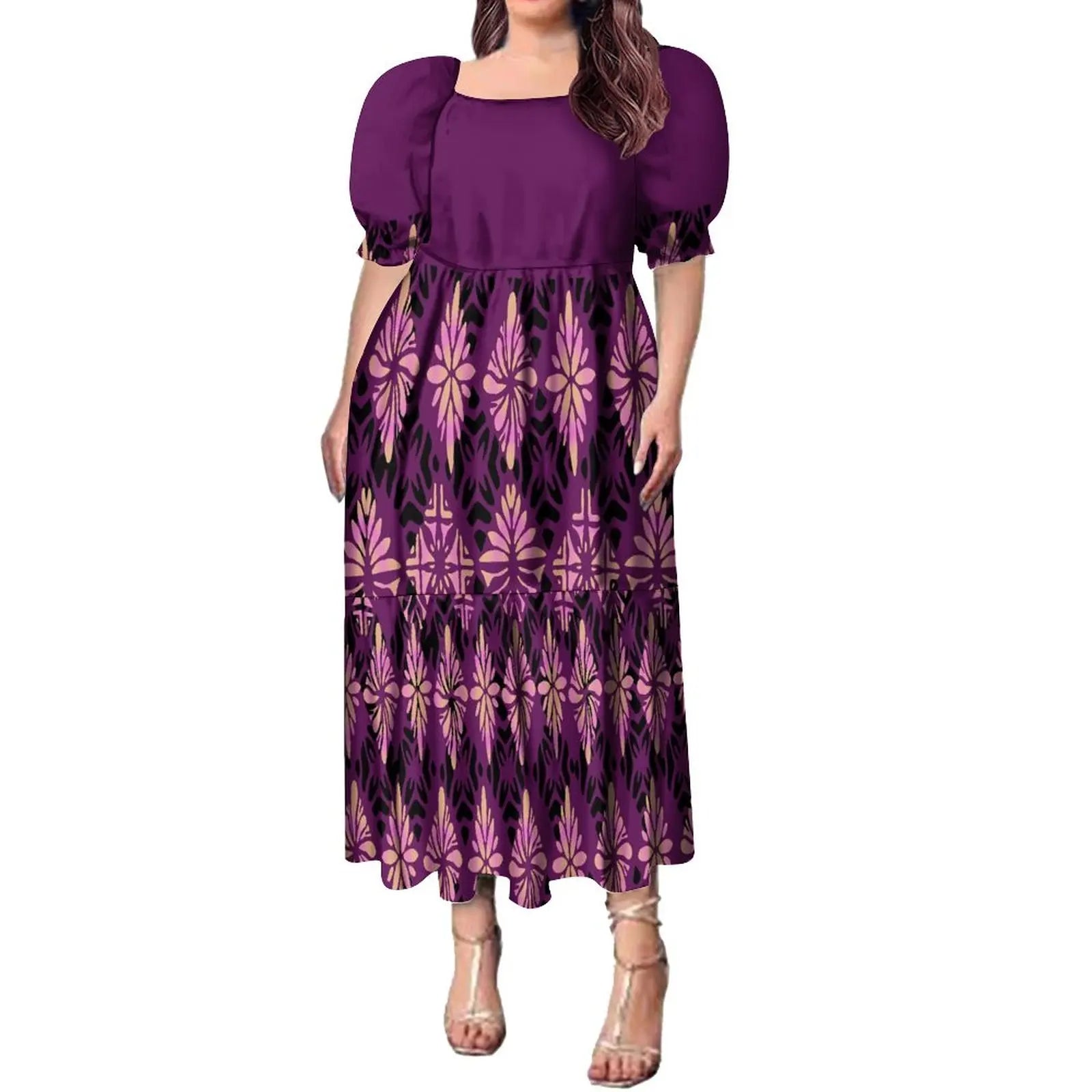 Best Price Wholesale Custom Hawaiian Tropical Flower Printing Multi Tiered Dresses Micronesia Puff Short Sleeve Ladies Dresses