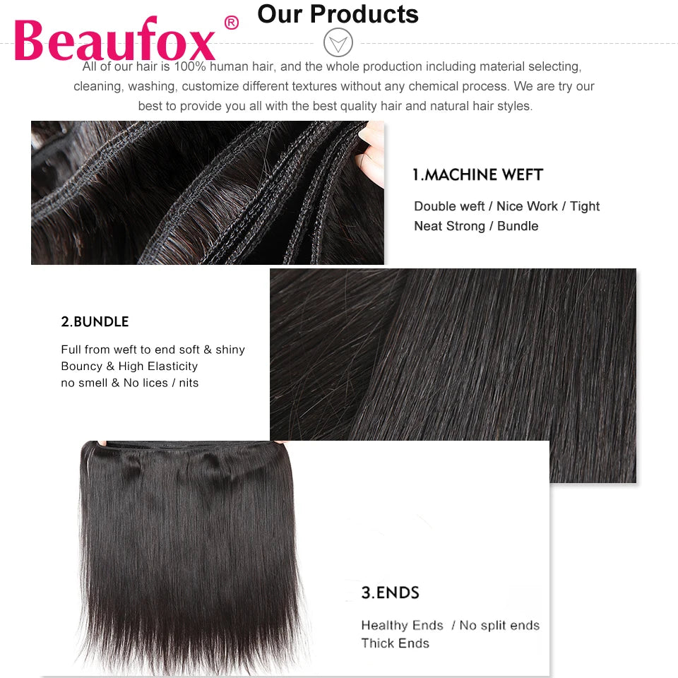 Beaufox Brazilian Hair Weave Bundles Straight Human Hair Bundles Extension Natural/Jet Black Remy 1/3/4 Pc Hair Bundles 8-30 In
