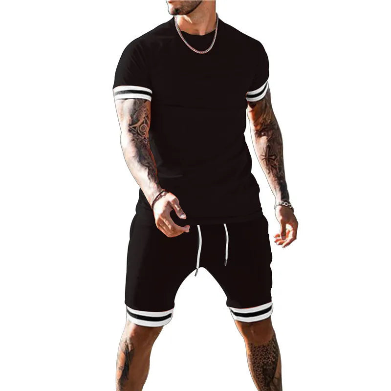 Free Shipping to the USA Plus Size Tracksuit Fashion Short Sleeve Top and Sweatpants Casual Suit Set Biker Shorts Men's Sets