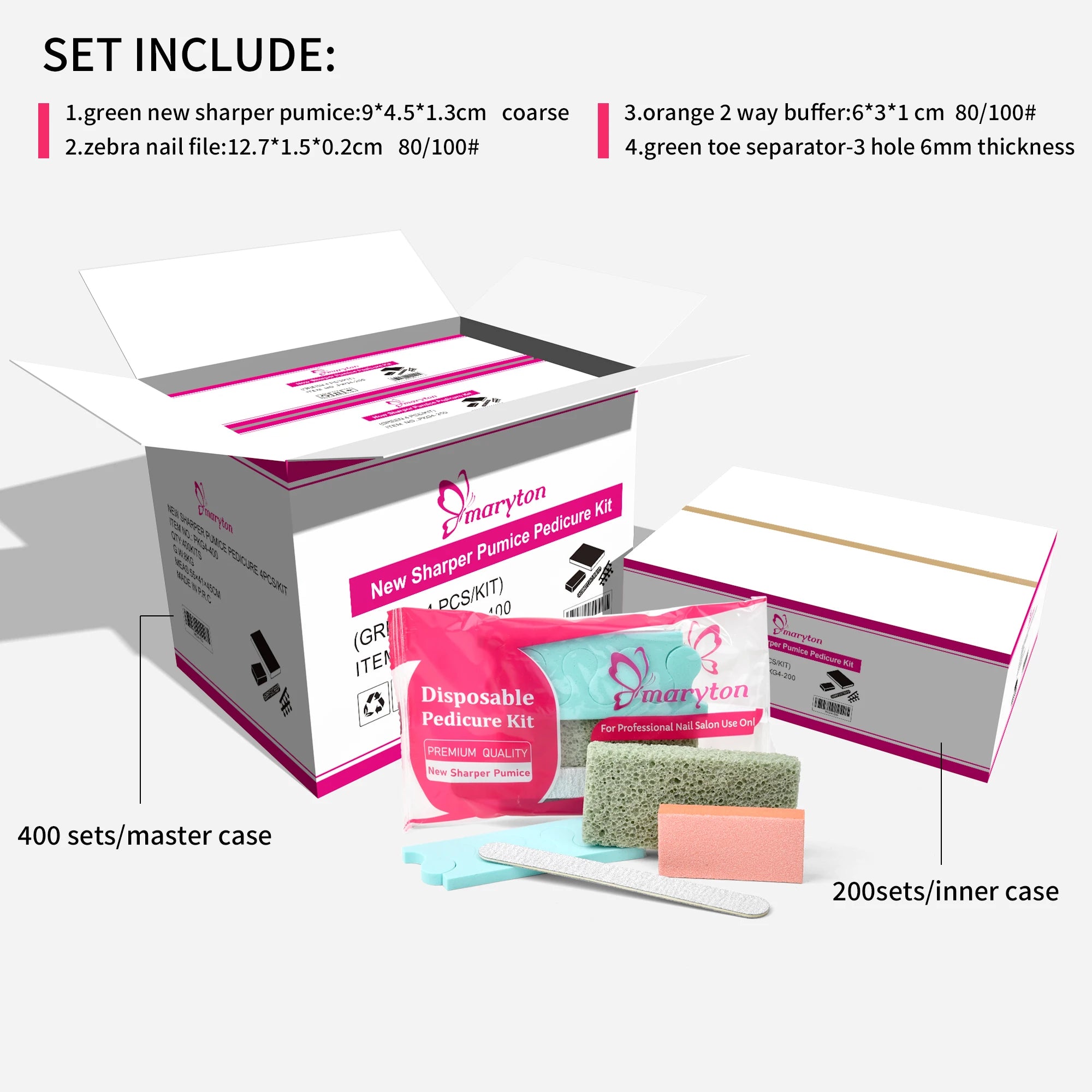 USA Free Shipping 400 Sets/Case New Sharper Pumice Toe Separator Nail Buffer File 4 in 1 Disposable Pedicure Kit Manicure Set