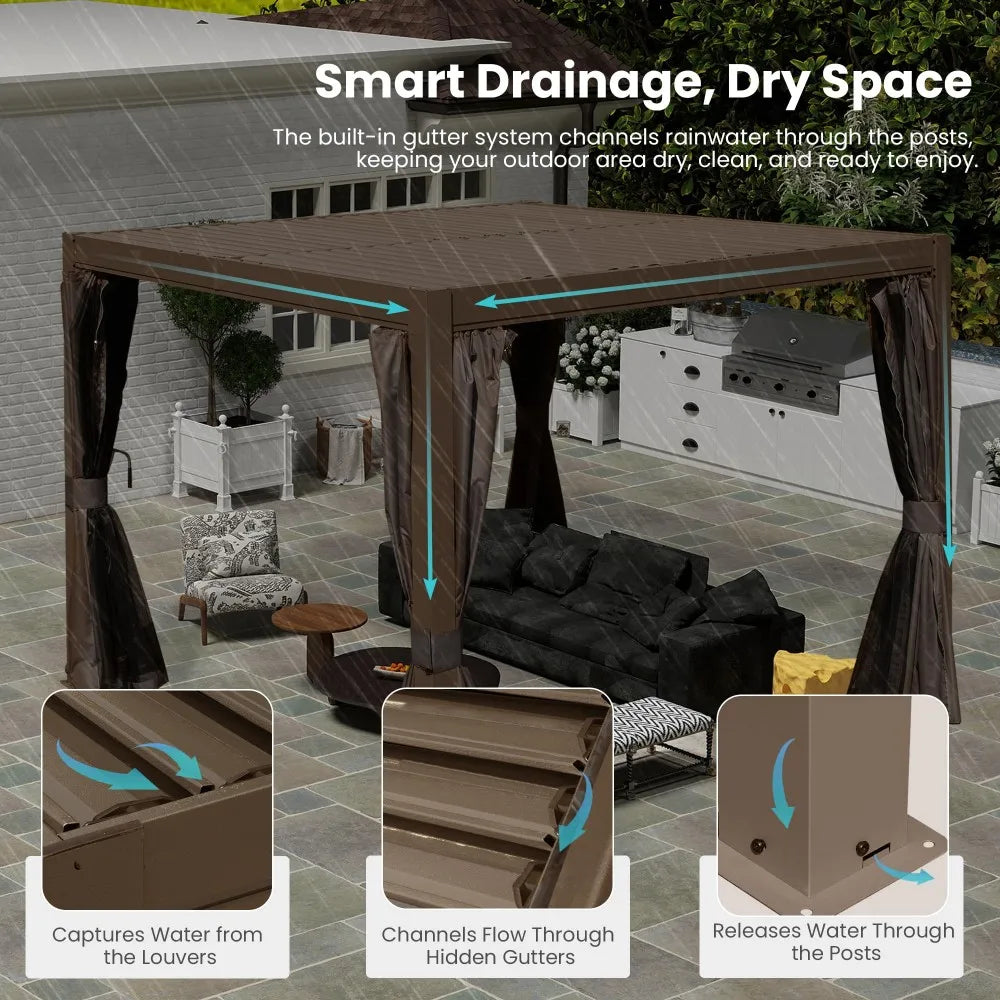 10x10FT Aluminum Louvered Pergola Adjustable Dual Louvers Integrated Gutter System Corrosion-Resistant Frame Modern Design