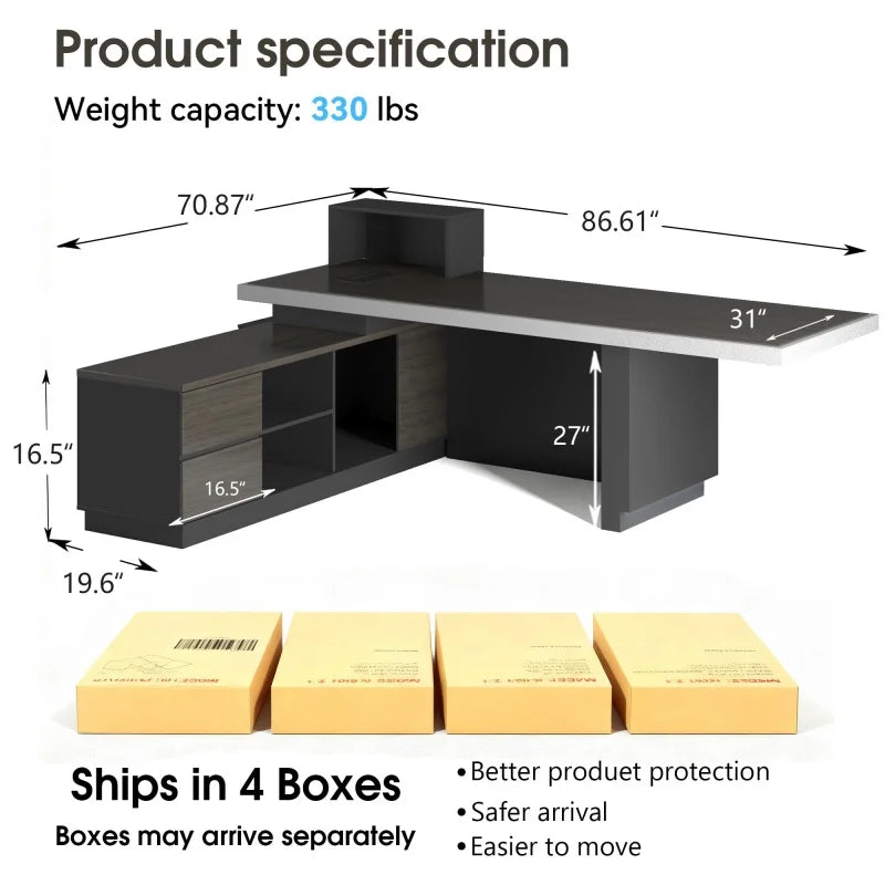 Free Shipping US Warehouse in Stock 78" Executive Desk with Drawers - L Shaped Desk Black Executive Office Desks with LED Light