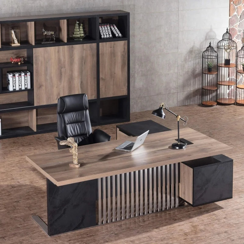 Free Shipping US Warehouse in Stock 70.86" Industrial Office Desk with Drawer Cabinet Large Wood Desktop L-Shaped Executive Desk