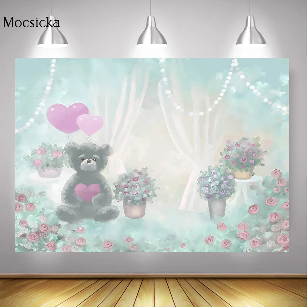 Valentine's Day Photography Bear Love Flowers Portrait Backdrop Floral Oil Painting Children Birthday Background White Curtain