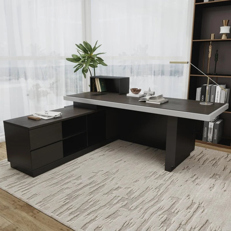 Free Shipping US Warehouse in Stock 78" Executive Desk with Drawers - L Shaped Desk Black Executive Office Desks with LED Light