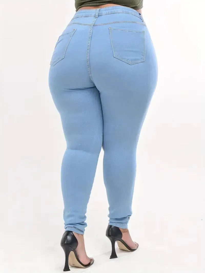 Women's High Waist Full-Length Casual Skinny Jeans Plus Size Solid Pattern Denim Fabric Washed Free Shipping USA for Autumn