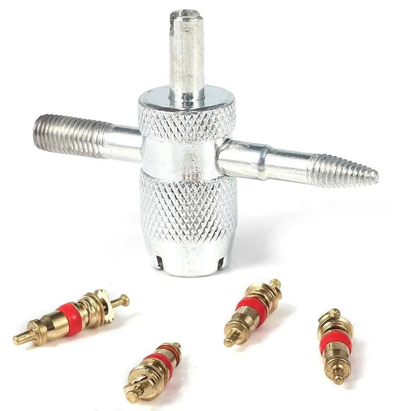 1 set di nucleo valvola in rame con strumento di rimozione dello stelo della valvola del pneumatico 5 in 1, strumento di riparazione pneumatici, strumento di rimozione del nucleo valvola, strumento di pulizia pneumatici