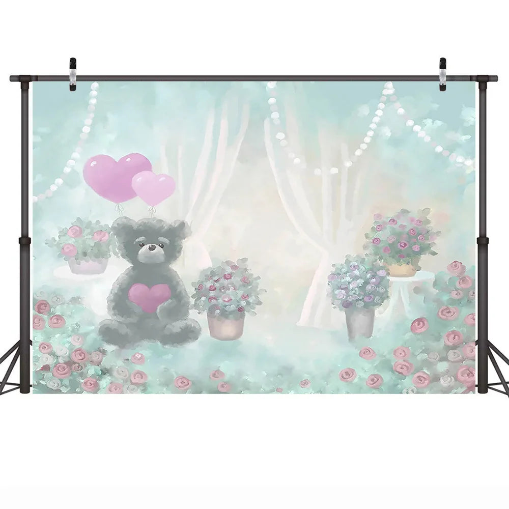 Valentine's Day Photography Bear Love Flowers Portrait Backdrop Floral Oil Painting Children Birthday Background White Curtain