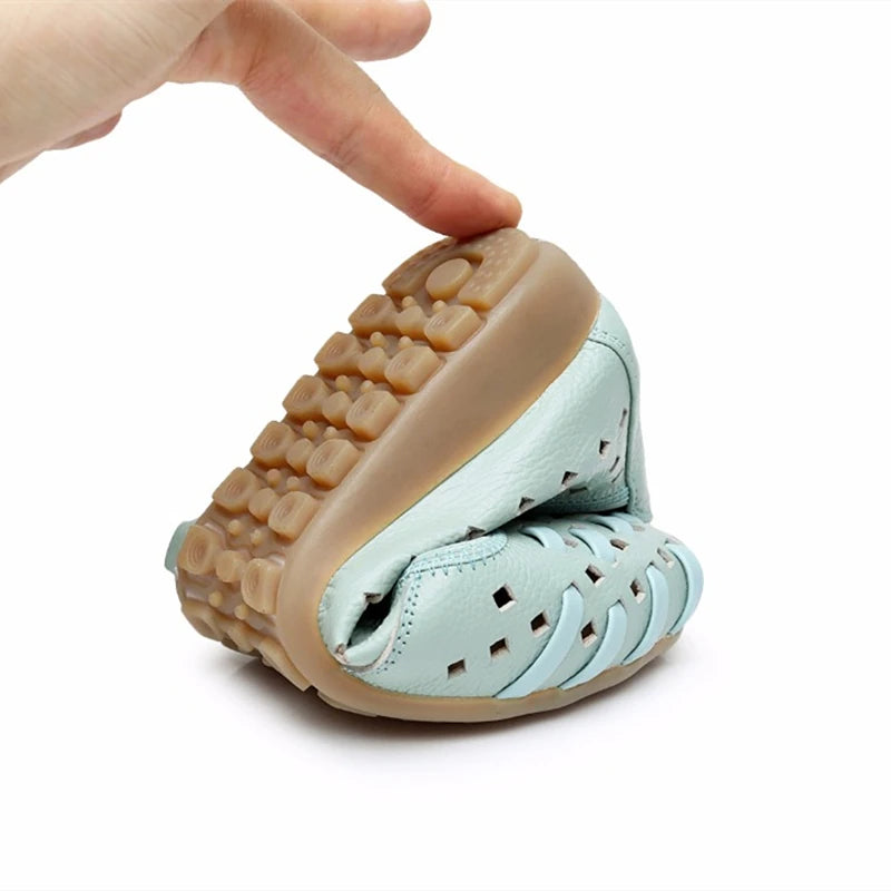 WOIZGIC Mother Women Shoes Sandals Flats Hollow Out Genuine Leather Slip On Loafers Soft Summer Beach Vintage Plus Size 42 43