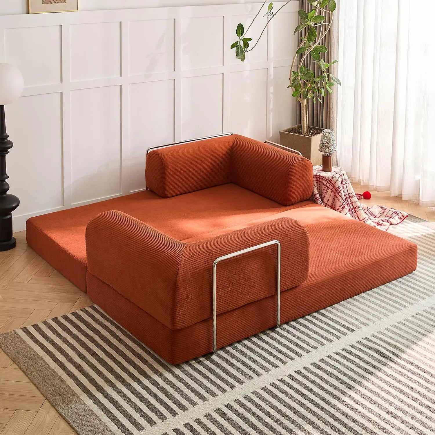 Free Shipping , Modern Convertible Recliner,Corduroy  Fabric, Metal Frame Sofa Bed with Fixed Shape Frame Living Room Seat