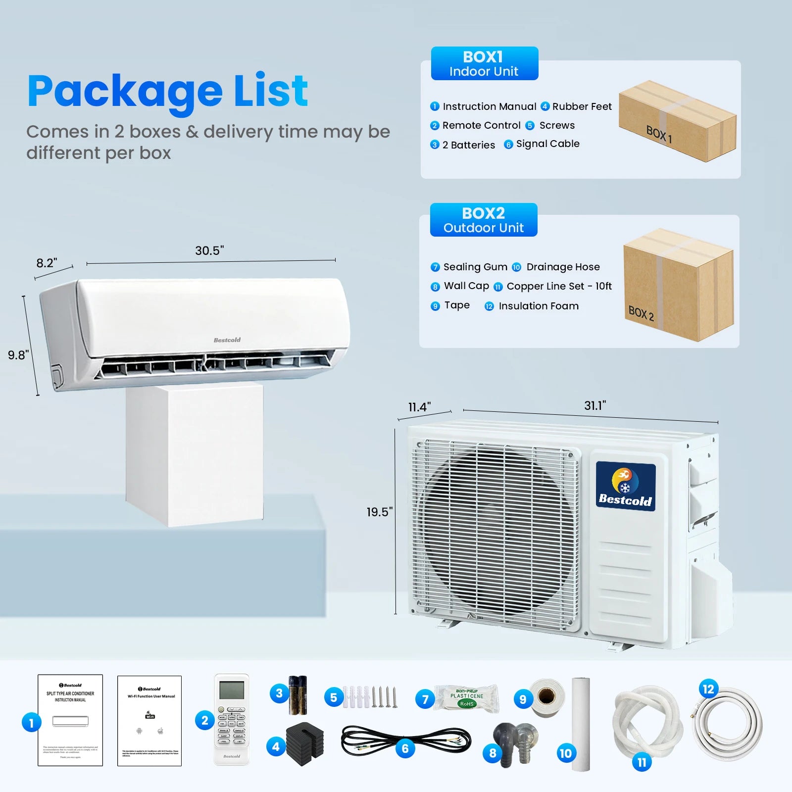 Bestcold 12000 BTU 110V Mini Split Air Conditioner System Inverter Energy Efficient Cooling & Heating Smart Air Conditioner