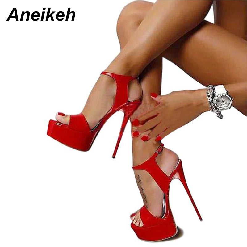 Aneikeh Hot Sales 2026 Summer Style Sexy 16cm Women Sandals High Heels Open Toe Buckles Nightclub Party Shoe Black Big Size 15
