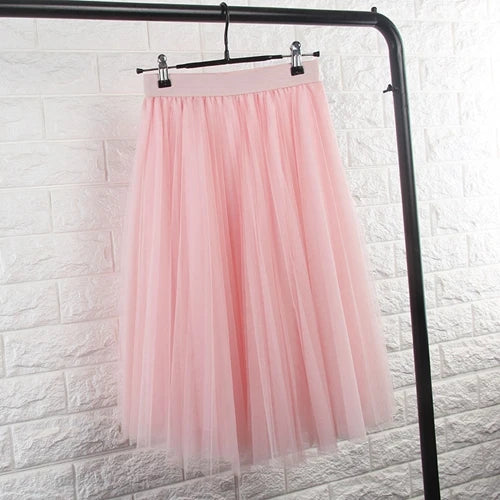 TingYiLi 4 Layers Tulle Skirts Womens Black Gray White Adult Tulle Skirt Elastic High Waist Pleated Midi Skirt