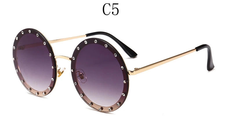 Vintage Round Sunglasses Women Luxury Rhinestone Metal Sun Glasses Ladies Classic Pink Red Retro Clear Shades Eyewear Men UV400