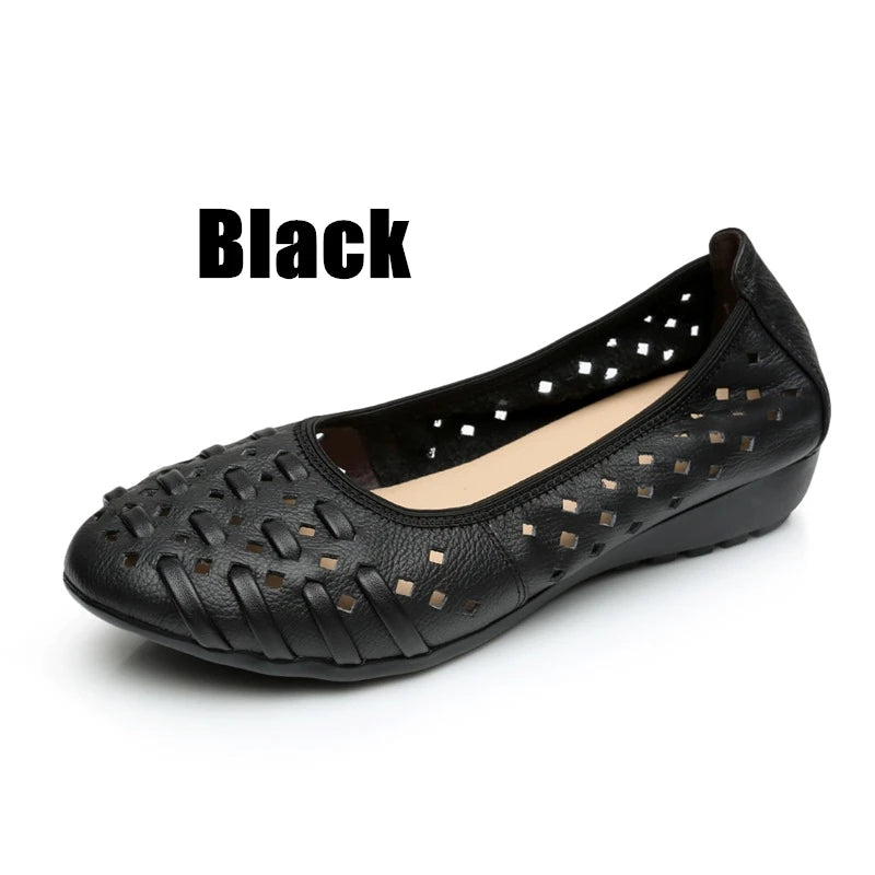 WOIZGIC Mother Women Shoes Sandals Flats Hollow Out Genuine Leather Slip On Loafers Soft Summer Beach Vintage Plus Size 42 43
