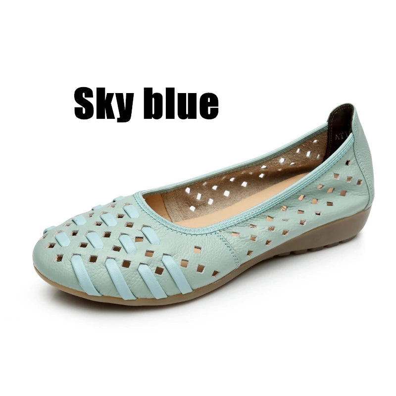 WOIZGIC Mother Women Shoes Sandals Flats Hollow Out Genuine Leather Slip On Loafers Soft Summer Beach Vintage Plus Size 42 43
