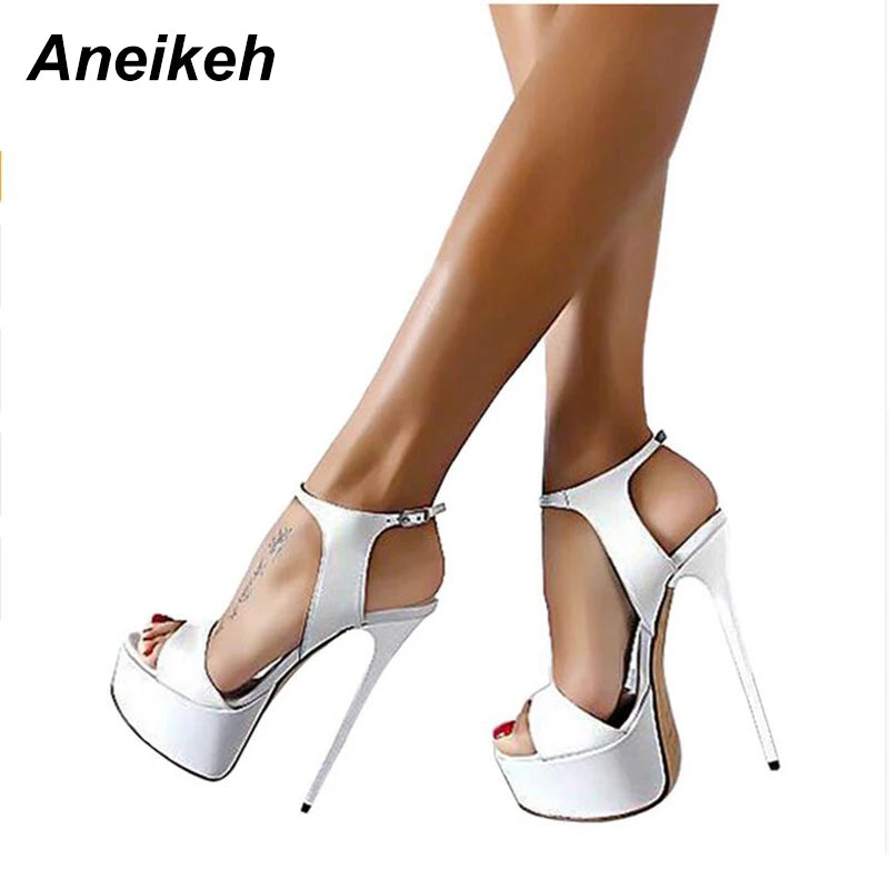 Aneikeh Hot Sales 2026 Summer Style Sexy 16cm Women Sandals High Heels Open Toe Buckles Nightclub Party Shoe Black Big Size 15
