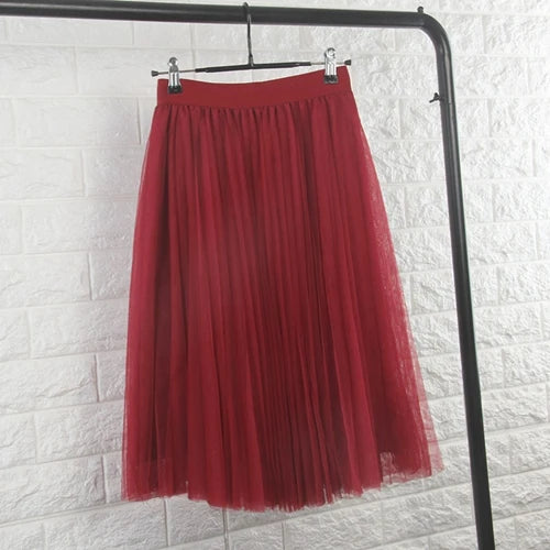 TingYiLi 4 Layers Tulle Skirts Womens Black Gray White Adult Tulle Skirt Elastic High Waist Pleated Midi Skirt