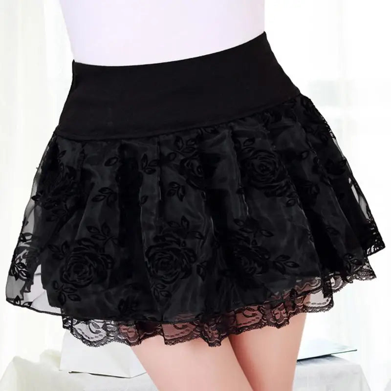 Zuolunouba Summer Slim Preppy Skirt Women Flower Bow Mini Tutu Style Elasticity Lace Skirts Shorts Lady High Waist Student