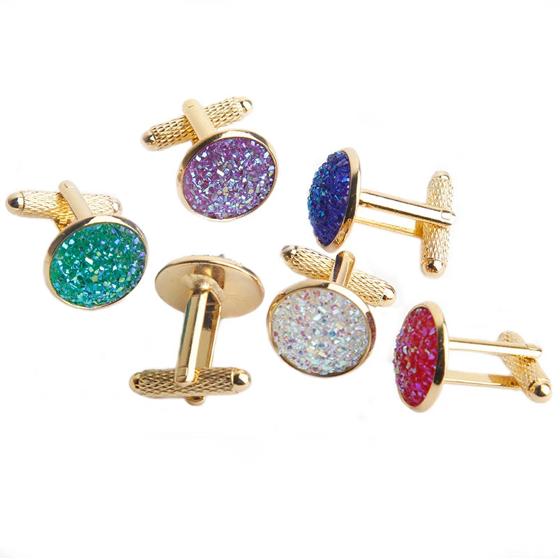 Simple Fashion Shirt Cufflinks for Men Drusy Rhinestones Cuff Links Round Sleeve Button Christmas Gifts Men's Cuff link Gemelos