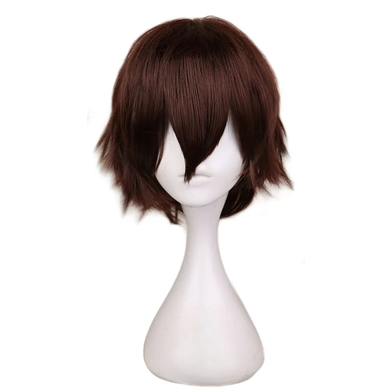 QQXCAIW Short Straight Cosplay Wig Men Dark Brown Synthetic Hair High 100% Temperature Fiber Wigs