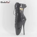 Wonderheel on sale ballet ankle boots 7" Spike High Heel black shiny Ballet shoes locked padlocks sexy Fetish Lacing Calf Boots