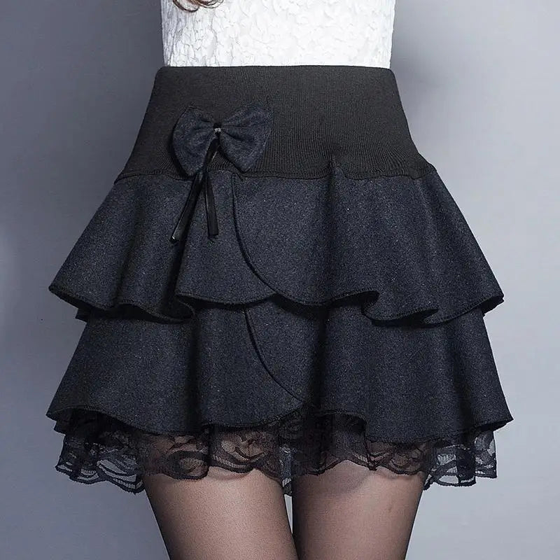 Zuolunouba Summer Slim Preppy Skirt Women Flower Bow Mini Tutu Style Elasticity Lace Skirts Shorts Lady High Waist Student