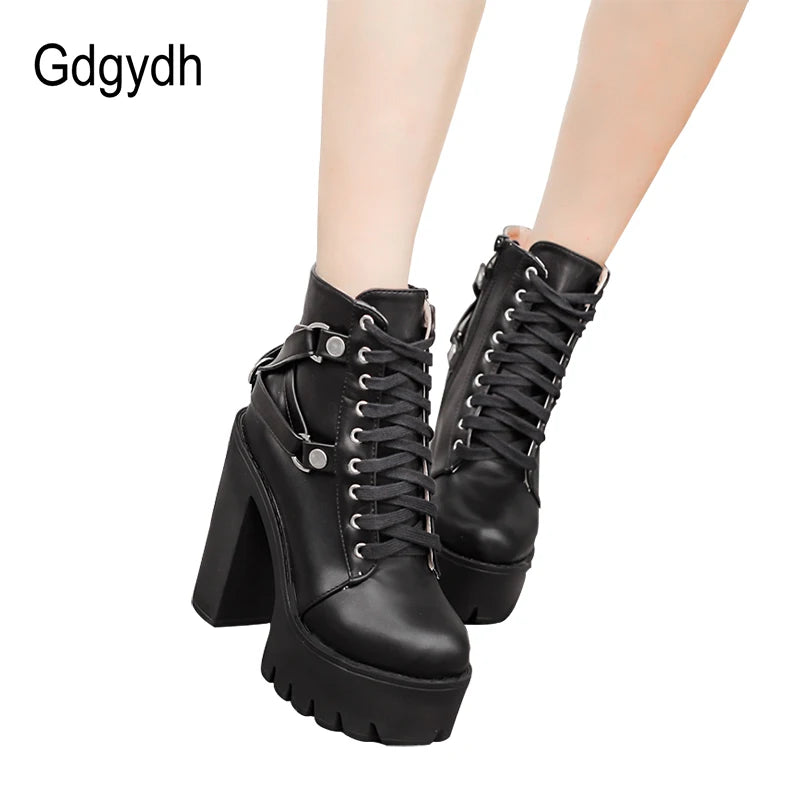 Gdgydh Fashion Black Boots Women Heel Spring Autumn Lace-up Soft Leather Platform Shoes Woman Party Ankle Boots High Heels Punk