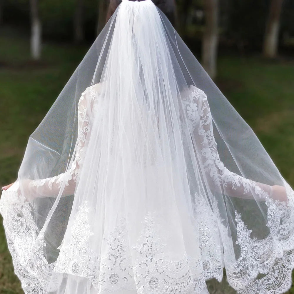 Customized Real Photos 2 Layers Sequins Lace Cathedral Woodland Wedding Veils with Comb 3M Long White Ivory 2 T Bridal Veils