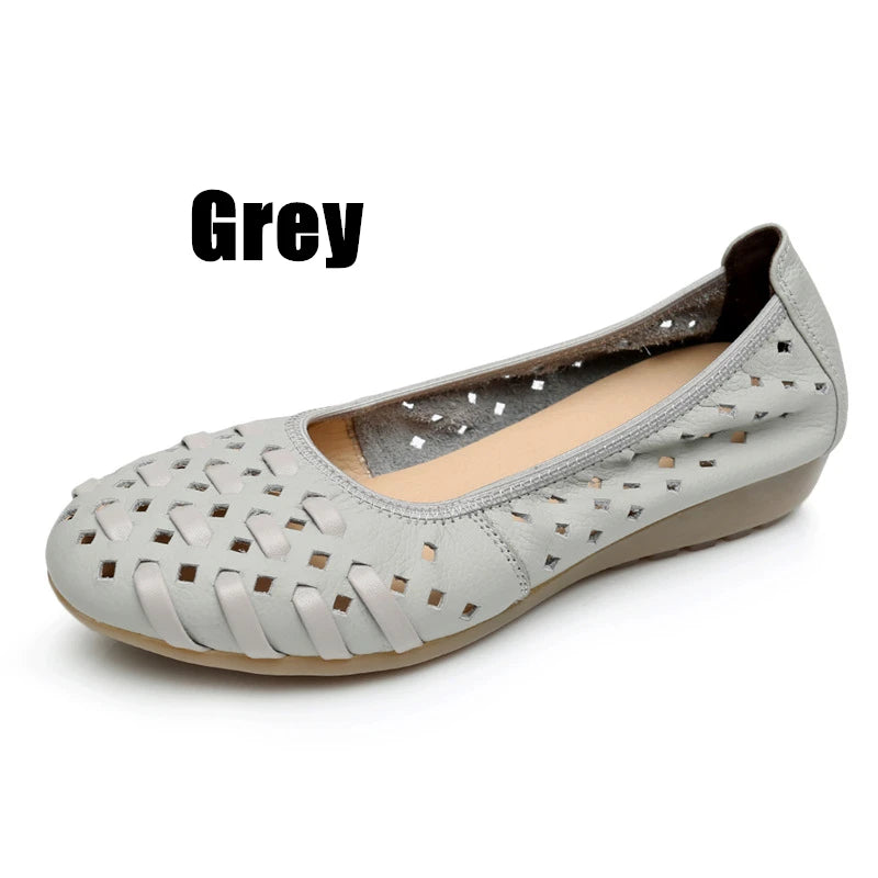 WOIZGIC Mother Women Shoes Sandals Flats Hollow Out Genuine Leather Slip On Loafers Soft Summer Beach Vintage Plus Size 42 43