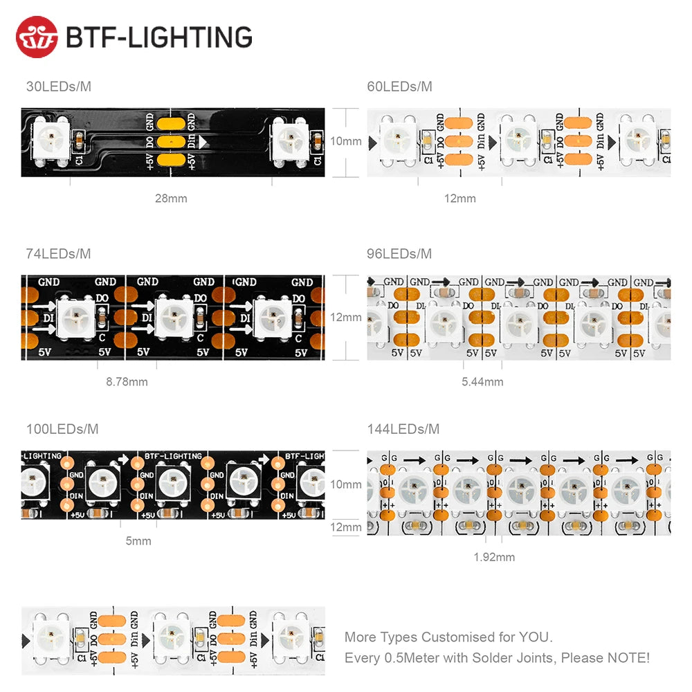 WS2812B RGB IC LED Strip Light 1m 2m 4m 5m Addressable Individually WS2812 30 60 100 144 LEDs Magic Black White PCB DC5V IP30