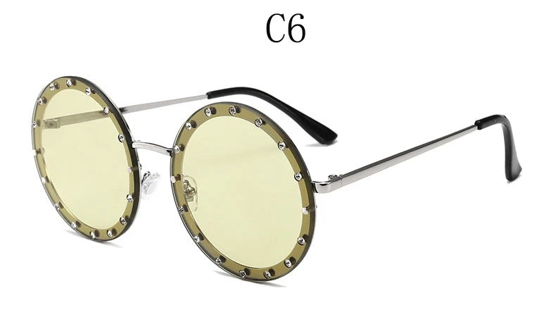 Vintage Round Sunglasses Women Luxury Rhinestone Metal Sun Glasses Ladies Classic Pink Red Retro Clear Shades Eyewear Men UV400