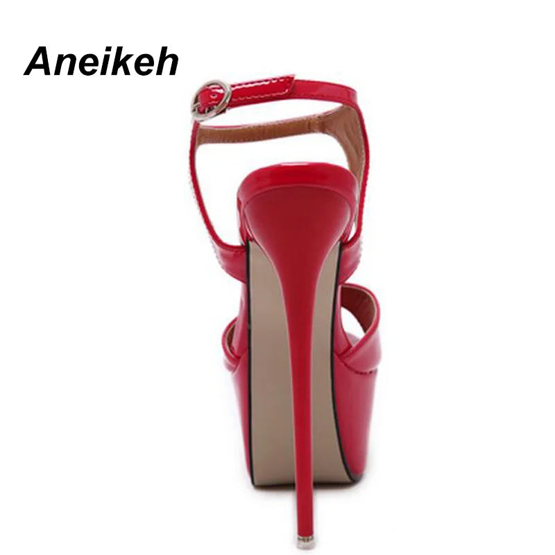 Aneikeh Hot Sales 2026 Summer Style Sexy 16cm Women Sandals High Heels Open Toe Buckles Nightclub Party Shoe Black Big Size 15
