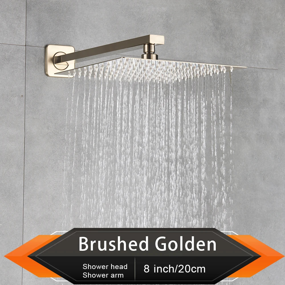 Rozin Brushed Golden Rainfall Shower Head Bathroom 8/10/12" Ultrathin Style Top Shower Head with Wall Mounted Shower Arm