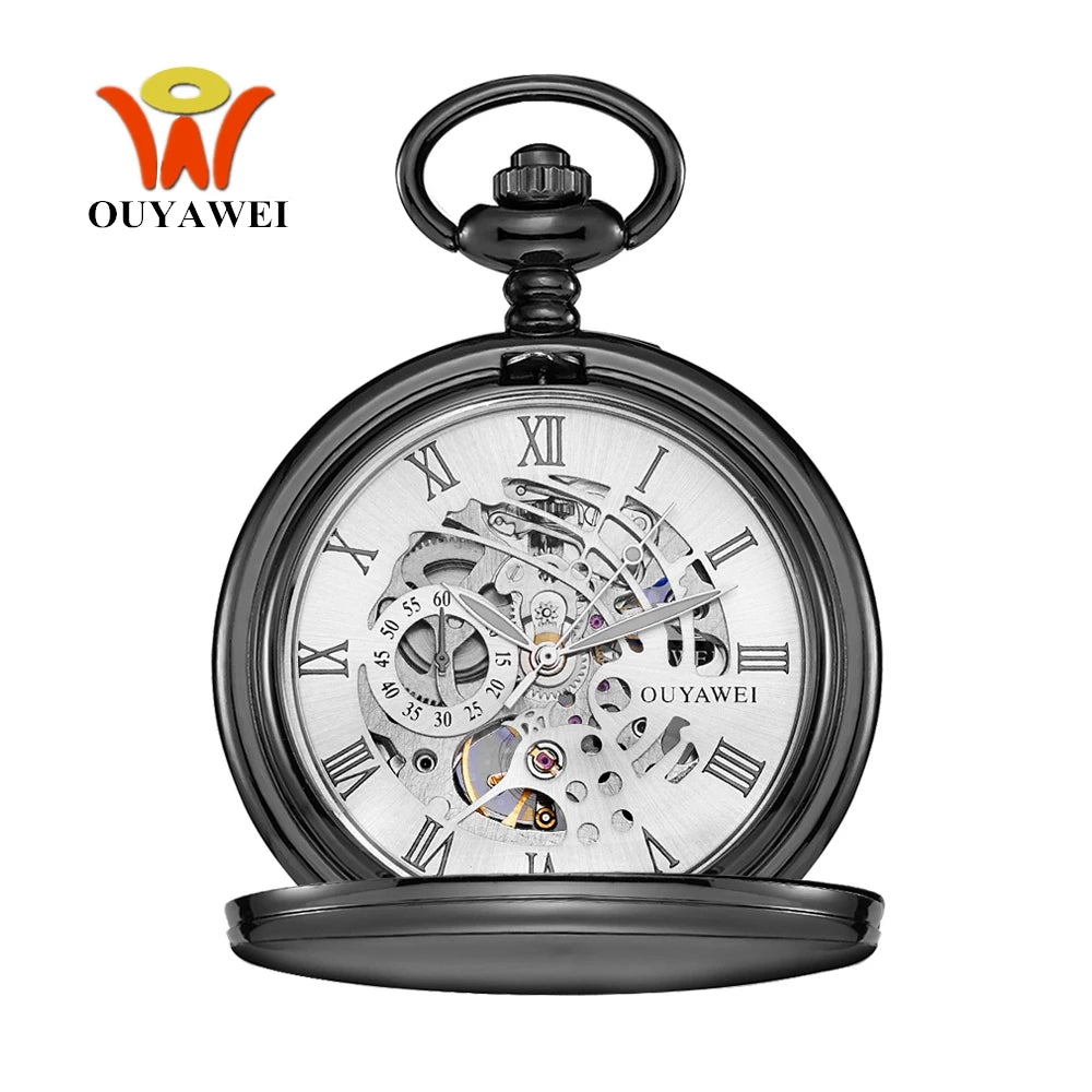 Luxury OYW Hand Winding Mechanical Silver Men Pocket Watch Skeleton Dial Steel necklace Chain Pendant Vintage Dress Fob Watches