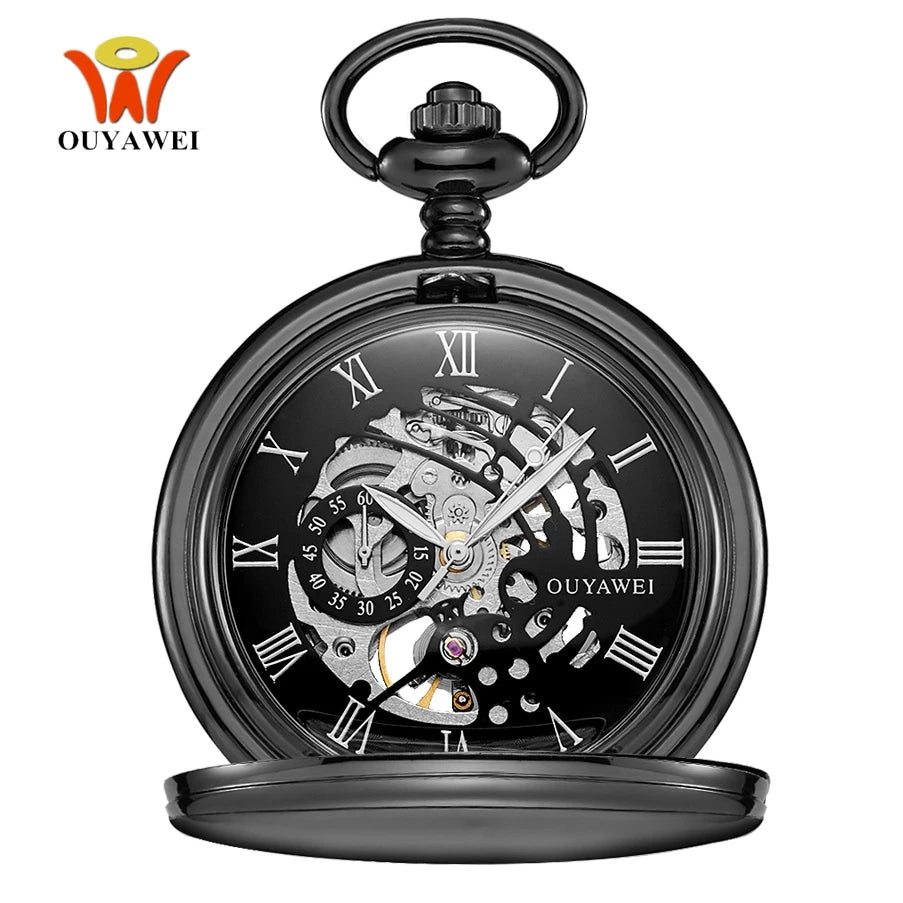 Luxury OYW Hand Winding Mechanical Silver Men Pocket Watch Skeleton Dial Steel necklace Chain Pendant Vintage Dress Fob Watches