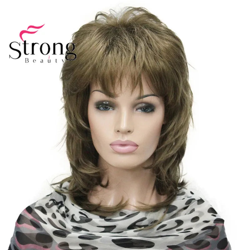 Lady Women Blonde With Dark Root Medium Length Cascaded Layers Synthetic Hair Full Wig for women
