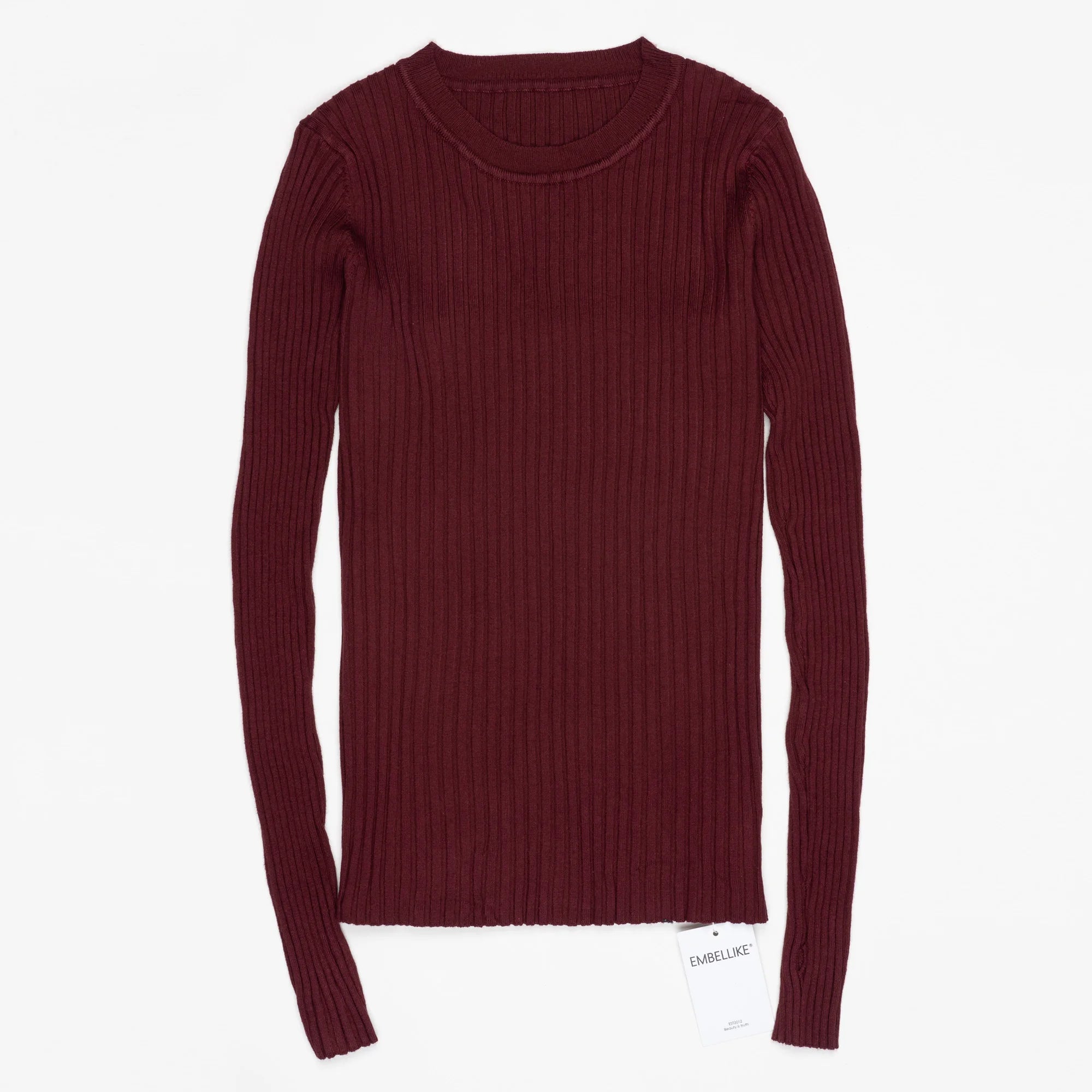 Women Sweater Pullover Basic Crew Neck Ribbed Tops Solid Knitted Jumper With Thumb Hole