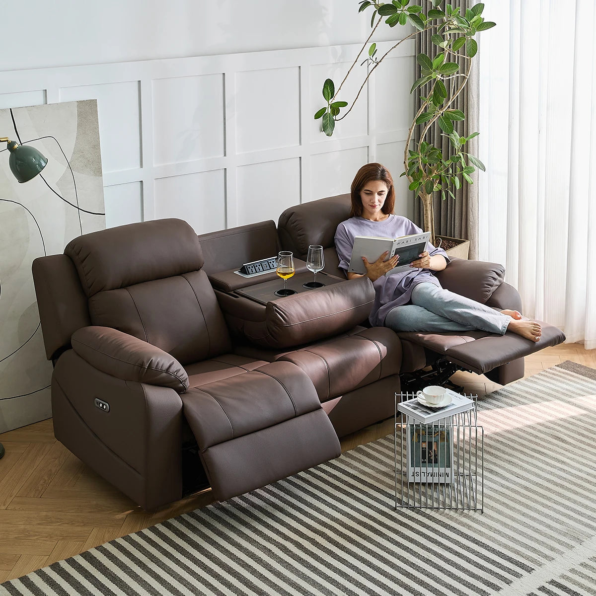 Free Shipping in Stock  Modern Living Room Furniture Leather Electric 3 Seater Recliner Sofa Set