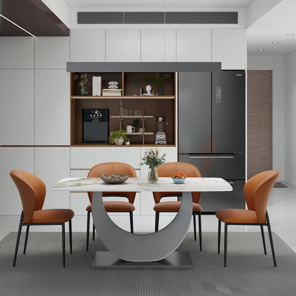 Voxhome US Drop Shipping Dining Room Furniture Luxury Marble Texture Dining Table Sintered Stone Top Gold Base Dinner Table Set