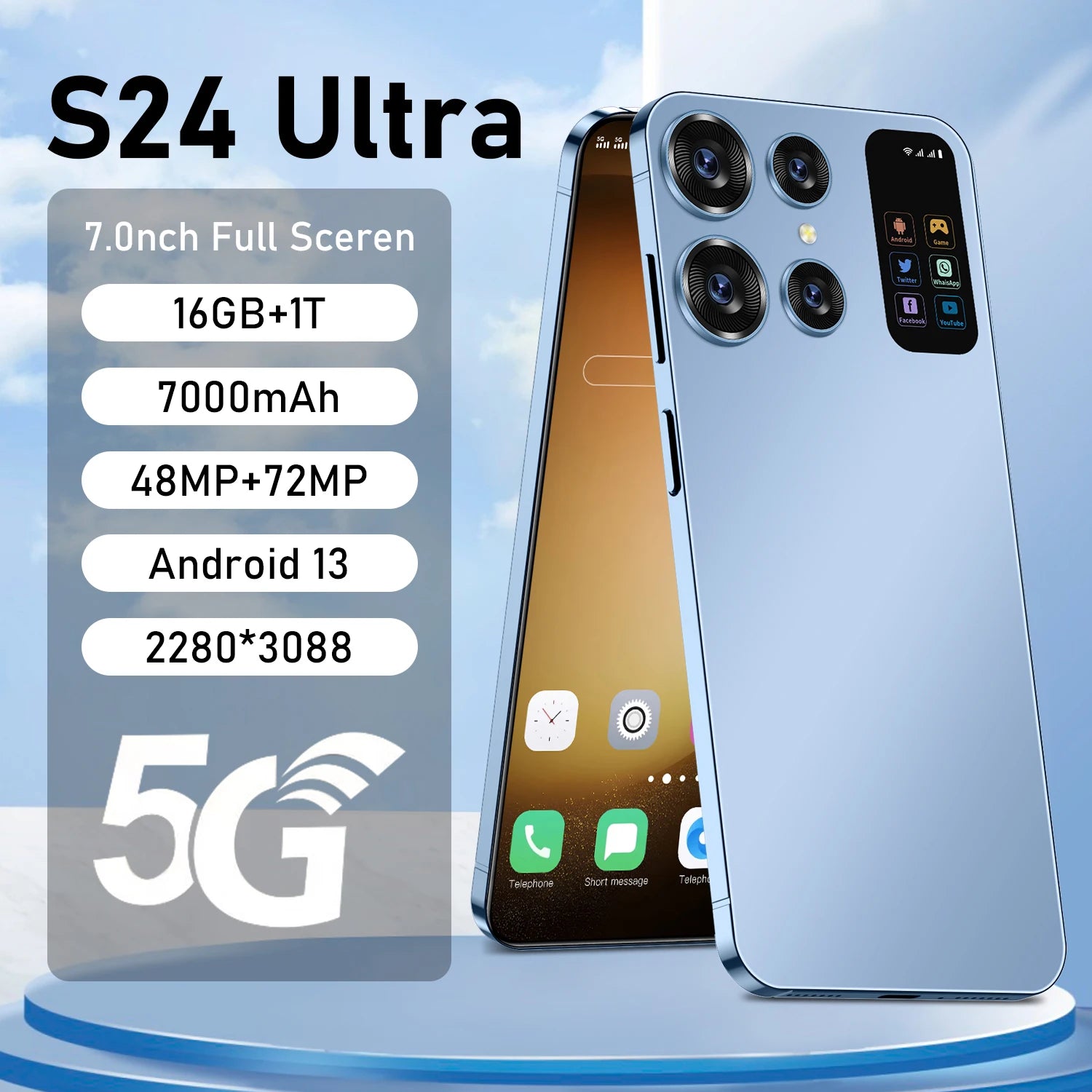 S24 Ultra Phone 7.0 Inch Android Smart Mobile Phone with 48MP+108MP Face Unlock and Full Display 16GB+512GB Free Shipping